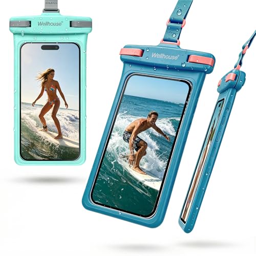 wellhouse Waterproof Phone Pouch, Waterproof Phone Case for iPhone 17 16 15 14 13 Pro Max XS Samsung, IPX8 3D Cellphone Dry Bag Beach Essentials (2 Pack -Earl Blue & Green 7.0", 7 inch) - color: 2 Pack -Earl Blue & Green 7.0"