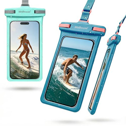 wellhouse Waterproof Phone Pouch, Waterproof Phone Case for iPhone 17 16 15 14 13 Pro Max XS Samsung, IPX8 3D Cellphone Dry Bag Beach Essentials (2 Pack -Earl Blue & Green 7.0", 7 inch) - color: 2 Pack -Earl Blue & Green 7.0"