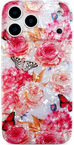 Qokey Compatible with iPhone 17 Pro Max Case 6.9", Cute Clear Flowers Design for Girls Women Shell Pattern Soft Bumper Lightweight Slim Fit TPU Shockproof Phone Cover, Rose Butterfly - color: Rose Butterfly