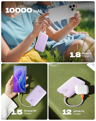 VIYISI Ultra Slim Portable Charger Small 10000mah with Built-in USB C Cable - color: Purple