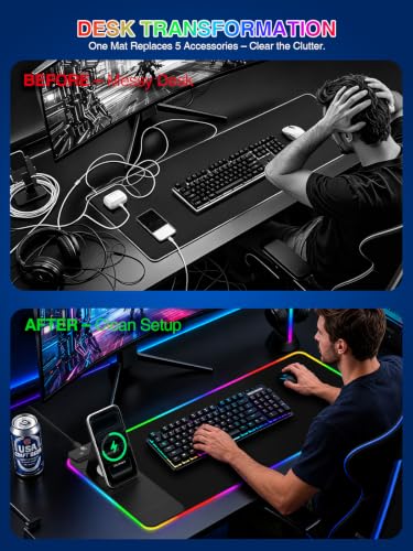 RGB Mouse Pad with Foldable Phone Stand & Wireless Charger, 31.5"x11.8" XL Gaming Mousepad Large Desk Mat, Desk Pad with Dual Charging for Phone & AirPods | 11 Colors & 5 Modes | Waterproof - color: Black Touch Control Stand XL