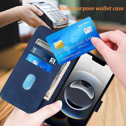 Flip Wallet Case for iPhone 17e/16e, Wrist Strap, Blue | Embossed PU Leather, Detachable Wrist Strap, Card Slots, TPU Inner, Cash Pocket, Magnetic Closure, Stand, Precise Cutouts - color: Blue