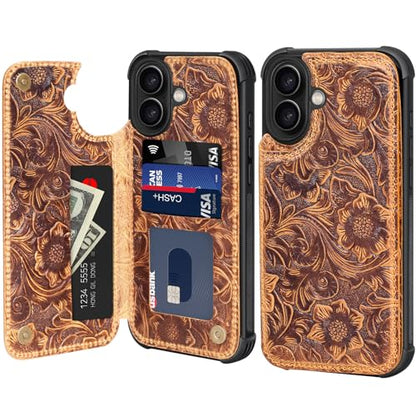 Wallet Real Leather Case Compatible with iPhone 16 Plus 6.7" Brown | Genuine Leather,Shockproof,Anti-Fall Case,Flip Cover,with Card Slot,Double Magnetic Buckle,Kickstand,RFID Blocking Brown - color: Brown, size: 6.7"-16 Plus