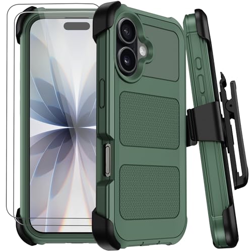 for iPhone 17 Case with Belt Clip Holster & Kickstand,Military Grade Drop Tested Shockproof Heavy Duty Rugged Cover,w/2X Screen Protectors Defender Bumper Protective Cases for Apple 17 (Dark Green) - color: Dark Green