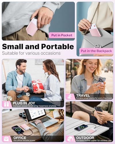 Aaoyun Portable Charger Power Bank, 10000mAh 22.5W PD Fast Charging Powerbank with Built-in USB C Cable, Slim External Phone Battery Pack for iPhone 17/16/15 Samsung S24 Android etc (Pink) - color: Pink
