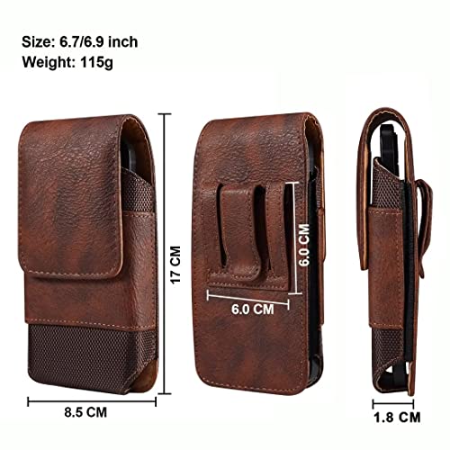 Cell Phone Belt Clip Holster Leather Men, Cell Phone Waist Bag with Card Holder, Vertical Leather Smartphone Pouch with Belt Loop Carry Case Travel Outdoor Camping Phone Belt Holder Wallet Fanny Pack - color: Brown, size: 6.9 INCH