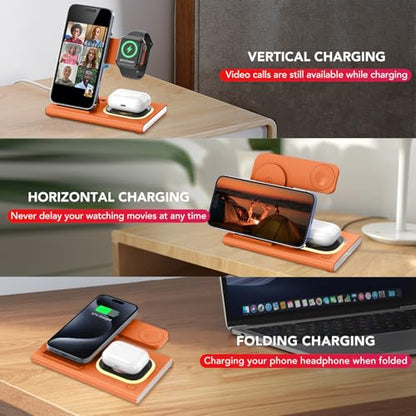 3 in 1 Foldable Charging Station for Apple Wireless Charger - color: Orange