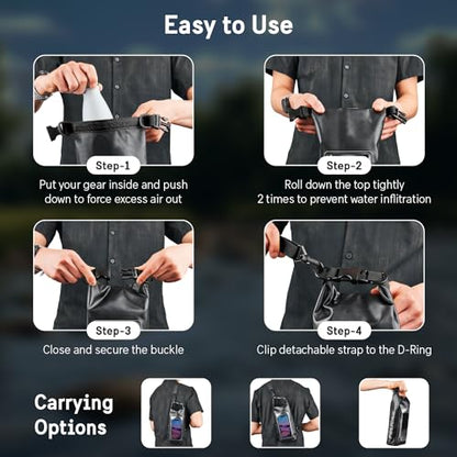 Pelican Marine IP68 Waterproof Dry Bag 2L with Phone Pouch/Case - Black | Roll Top Waterproof Backpack with Touchscreen Phone Pouch - Swimming, Kayaking, Camping, Rafting, Fishing & Travel Essentials - color: Stealth Black - 2L, size: 2L
