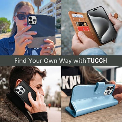 TUCCH Wallet Case for iPhone 15 Pro (6.1") 2023, 4 Card Holders, Black | RFID Blocking, Viewing Stand, Shockproof TPU Shell, PU Leather, Magnetic Closure, Protective Folio Flip Cover - color: Black