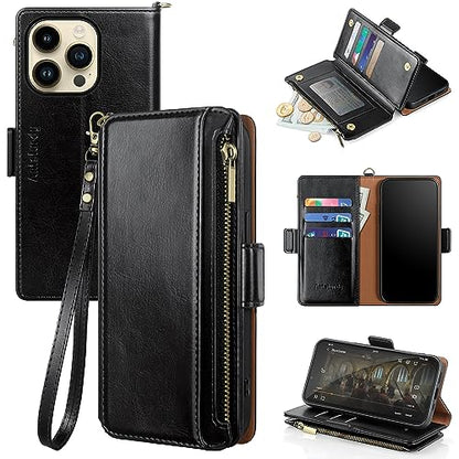 Antsturdy for iPhone 13 Pro Phone Wallet Case Women,Black | RFID Blocking,with Credit Card Holder Slots,PU Leather Purse,Zipper Pocket,Wrist Strap Kickstand,Flip Folio Cover for Men - color: A-Black