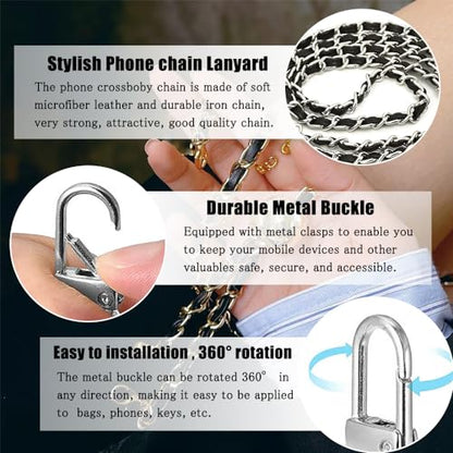 Phone Crossbody Chain Cell Phone Lanyard,Leather+Metal Shouder Strap Universal Abjustable Phone Chain Strap with Cellphone Tether Patches Compatible with Most Phones Bag Purse Silver+Black - color: A