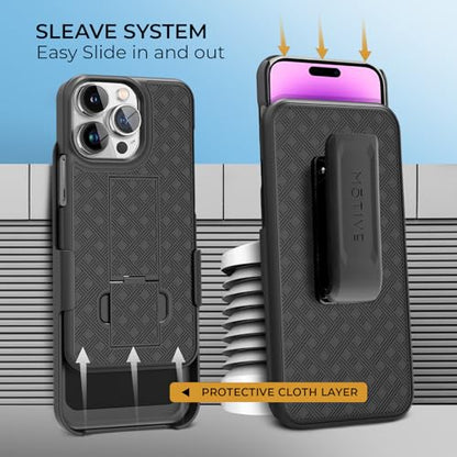 MOTIVE for iPhone 14 Pro Max Case with Belt Clip, Rigid, Kickstand | 6.7" | Ranger v1 Series, Black, 360° holster, open-top/open-bottom port access, textured grip, slim - size: iPhone 14 Pro Max
