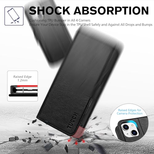 TUCCH Wallet Case for iPhone 13 (6.1") 2021, Flip Stand, Textured Black | RFID Blocking, 3 Card Holders, Kickstand, PU Leather, Shockproof TPU Shell, Magnetic Closure, Protective Folio Cover - color: Black - Textured