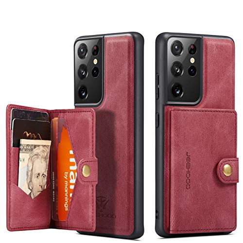 Simicoo Compatible with Samsung S22 Ultra Detachable Magnetic Wallet case Credit Card Holder Money Clip Front Pocket Stand Leather Men Women Wallet Double Shockproof (Red) - color: Red