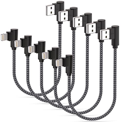 iPhone Charger 1Ft MFi Certified Short Lightning Cable Braided 90 Degree Elbow Charging Cable Compatible with iPhone 14 13 12 11 Pro X XS XR 8 Plus 7 6 5 (Black Grey, 5Pack)