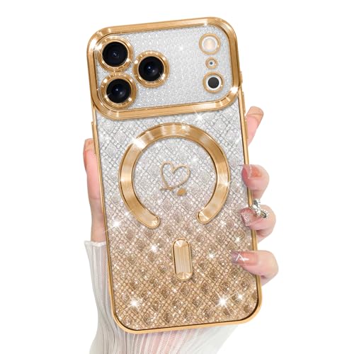 Bonoma Compatible with iPhone 17 Pro Case 2025 Heart Checkered -Gold | Support for MagSafe, Plating Glitter Magnetic Case TPU Camera Protection Back Cover for Girls Women - color: Checkered-Gold, size: iPhone 17 Pro