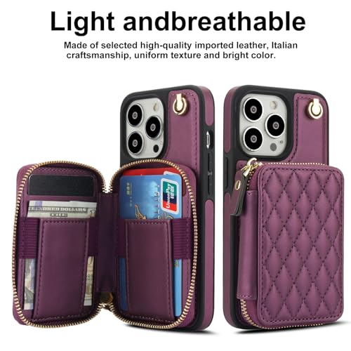 Phone Case for iPhone 14 Pro 6.1 inch Wallet Cell Cover with Tempered Glass Screen Protector Wrist Strap RFID Blocking Card Holder iPhone14Pro 5G i i-Phone i14 iPhone14 4 14Pro Women Girls Dark Purple - color: Dark Purple