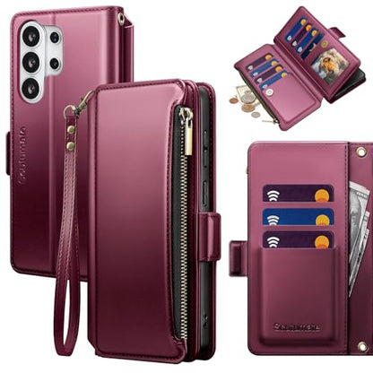 for Samsung Galaxy S26 Ultra Wallet Case with Card Holder RFID Blocking PU Leather Zipper Phone Case Flip Folio Protective Cover Wrist Strap Credit Card Slots Kickstand Men Women,Wine Red - color: Wine Red, size: Samsung Galaxy S26 Ultra - 6.9"