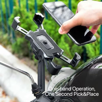 Motorcycle & Bike Phone Mount, 4-Claw Lock Anti-Vibration Phone Holder, 360° Adjustable Rotation Hands-Free GPS Navigation Cradle, Shockproof Stable Stand for E-Bike, Scooter & All Smartphones