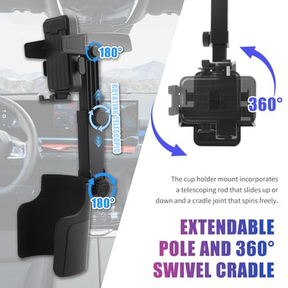 2-in-1 Cup Holder Phone Holder,Upgraded Version Cup Holders Phone Mount with Long Arm & 360° Adjustable,Cups Phones Holders for Car Accessories Fit 4.7-7 inches Phones,Squeeze & Insert