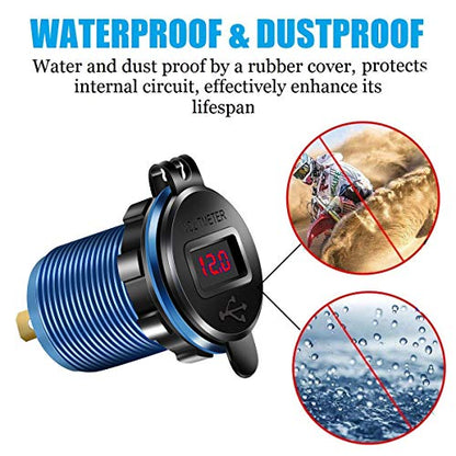 iMESTOU Aluminium Quick Charge 3.0 Marine Dual USB Phone Charger Adapter Waterproof Car USB Socket Outlet DIY Kit with Voltmeter 10A Fuse for 12V/24V Motorcycle Automotive Boat Bus Truck ATV UTV RV