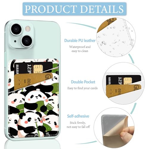 CREATCABIN Panda Phone Card Holder Leather Cell Phone Wallet Stick on Adhesive Credit Card Holder Slim Double Pocket Sticker for Back of Phone Case Compatible with Most Phones 3.7 x 2.5 Inch - style: Panda