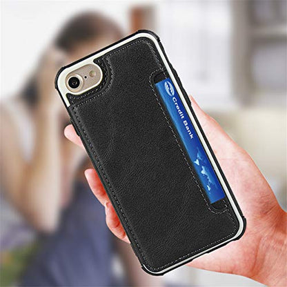 iCoverCase Compatible with iPhone SE(2022)/SE(2020)/7/8/6/6s Wallet Case with Card Slots Holder and Wrist Strap Premium PU Leather Kickstand Magnetic Clasp Shockproof Flip Cover Case (Black) - color: Black