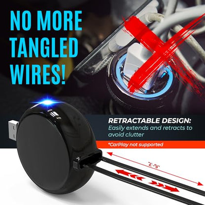 2-in-1 Retractable Charger for Car iPhone and Android, Wall Outlet or PC | Modern Car Charger Retractable Cord | 15W Fast Charging | Does not Work with CarPlay