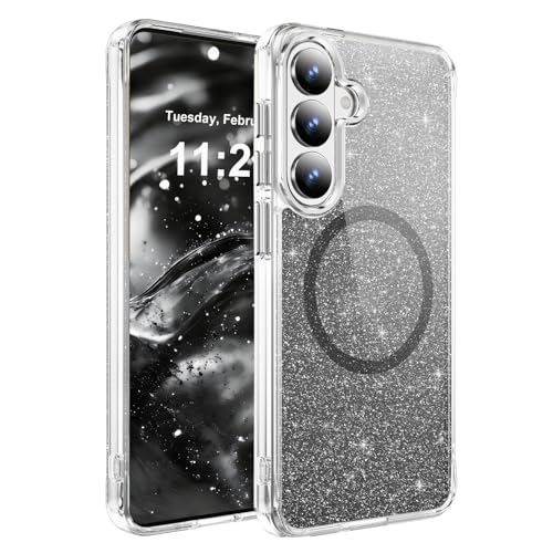 LEMAXELERS Magnetic Glitter Case for Samsung Galaxy S26 -Black SF | Clear Crystal Bling Case, Compatible with MagSafe, Shockproof Sparkly Cute Women Girl Cover for Samsung Galaxy S26 - color: Black, size: Galaxy S26