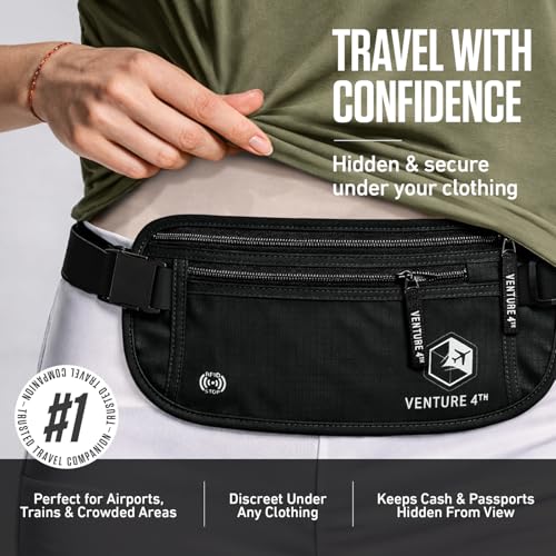 VENTURE 4TH Travel Money Belt, RFID Blocking Passport Holder - Pure Black - color: Pure Black