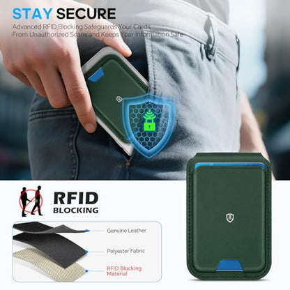 SHIELDON Genuine Leather Magnetic Wallet Stand for MagSafe, Evergreen | Strong Magnetic, 6 Card Holders, Kickstand, Rfid Blocking, Quick-access, ID Window, for iPhone 17/16/15/14/13/12 Series - color: Evergreen