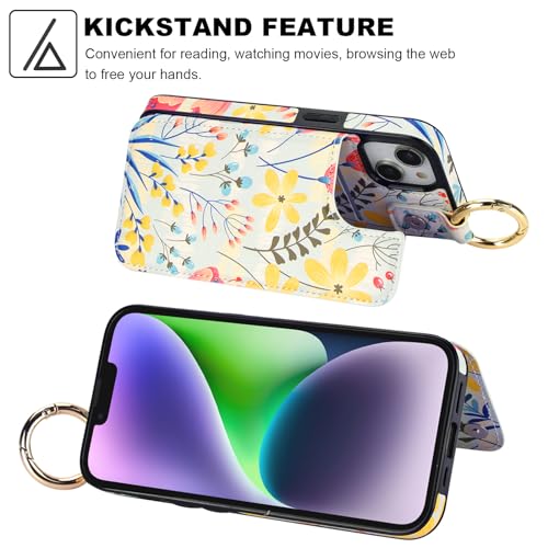 HAOPINSH for iPhone 13 iPhone 14 Wallet Case with Card Holder, Floral Flower Print Back Flip Folio PU Leather Kickstand Card Slots Case, Finger Grip Ring Double Magnetic Clasp Shockproof 6.1" - color: Floral Flower with Grip Ring
