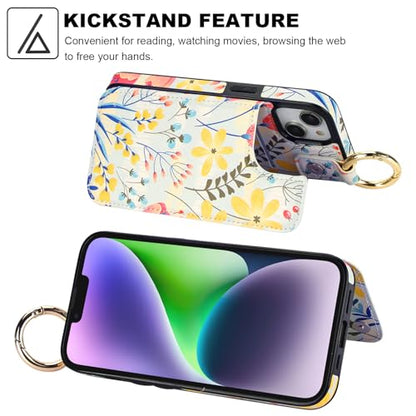 HAOPINSH for iPhone 13 iPhone 14 Wallet Case with Card Holder, Floral Flower Print Back Flip Folio PU Leather Kickstand Card Slots Case, Finger Grip Ring Double Magnetic Clasp Shockproof 6.1" - color: Floral Flower with Grip Ring