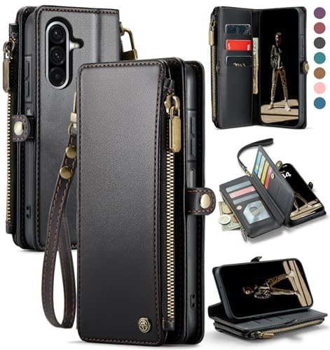 Defencase for Samsung Galaxy A26 5G Wallet Case with Card Holder, Black | RFID Blocking, Zipper Pocket, Durable PU Leather, Wrist Strap, Fashion Snap Flip Phone Cases Cover with Stand for Women Men - color: Black