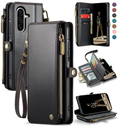 Defencase for Samsung Galaxy A26 5G Wallet Case with Card Holder, Black | RFID Blocking, Zipper Pocket, Durable PU Leather, Wrist Strap, Fashion Snap Flip Phone Cases Cover with Stand for Women Men - color: Black