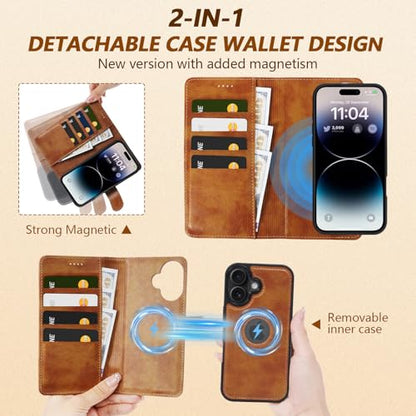 2 in 1 PU Leather for iPhone 16 Plus Case, Detachable Wallet Case with Card Holder, Removable Flip Folio Cover with RFID Blocking, Stand Shockproof Phone Cover（Compatible with MagSafe） Brown - color: Brown, size: Iphone 16 plus