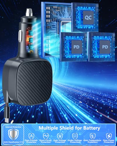 Apple MFi Certified Retractable Car Charger, 90W USB C Car Charger Adapter - color: Piano Black