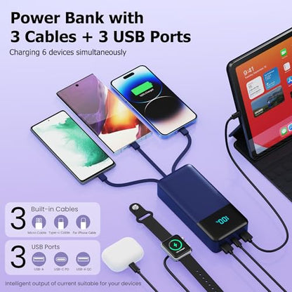 Portable Charger Power Bank 50800mAh,25W USB C Fast Charging Battery Pack with 3 Built in Cables & LED Display,6 Outputs 2 Inputs Travel Essentials Phone Charger for iPhone 18/17/16/15,Android,Blue - color: Blue