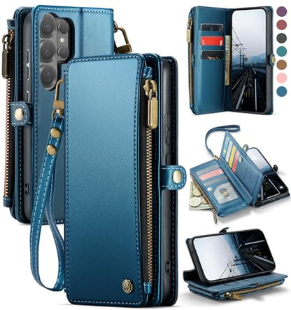 Defencase for Samsung Galaxy S26 Ultra Wallet Case with Card Holder, D-Blue | with RFID Blocking Zipper Pocket, Durable PU Leather, Wrist Strap, S26 Ultra Flip Phone Cases Cover with Stand for Women Men - color: Dark Blue
