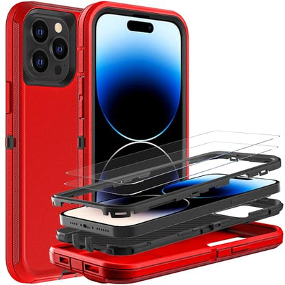 YKHJKLEC for iPhone 14 Pro Case, Military Grade 3 in 1 Heavy Duty Shockproof/Drop Proof/Dust Proof Case with 2Pcs Tempered Glass Screen Protector (Red/Black) - color: Red/Black