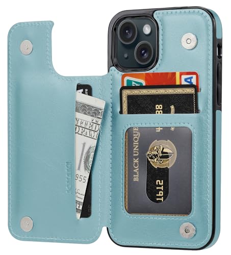 Wallet Case Compatible with iPhone 15 6.1”,Slim Protective case with Card Holder, PU Leather Kickstand Card Slots Case with a Screen Protector iPhone 15(6.1")-Ice Blue - color: Ice Blue