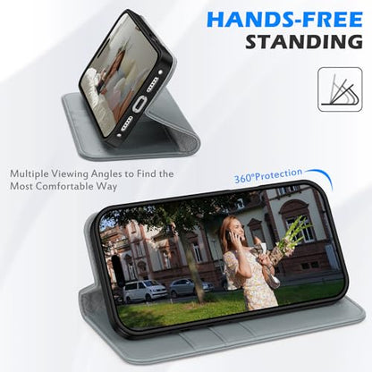 SHIELDON Real Leather Magnetic Case Wallet for iPhone 17 Pro Max 6.9", Gray | Flip, Magnetic Closure, RFID Blocking 3 Card Holder, Kickstand, Full Protection, Shock Absorbing Protective Cover - color: Gray