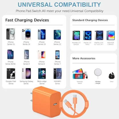 10FT iPhone 17 16 15 Charger Fast Charging USB C Charger Block - color: Orange, size: 10FT