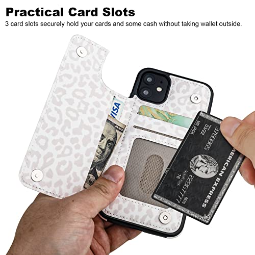 HAOPINSH for iPhone 11 Wallet Case with Card Holder, White Leopard Cheetah Pattern Back Flip Folio PU Leather Kickstand Card Slots Case for Women Girls, Double Magnetic Clasp Shockproof Cover 6.1" - color: White Leopard