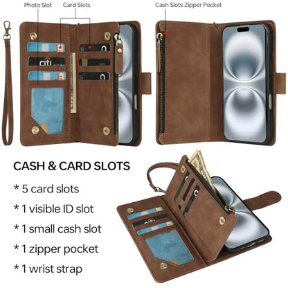 RANYOK Compatible with iPhone 16 Case Wallet - PU Leather Wallet Case for iPhone 16 with Credit Card Holder RFID Blocking Zipper Pocket with Wrist Strap Flip Folio Protective Case (Brown) - color: Brown, size: iPhone 16, 6.1"