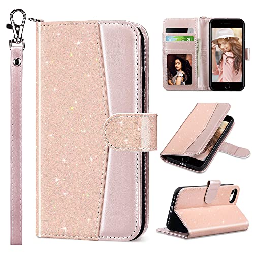 ULAK for iPhone SE (2022)/SE(2020)/8/7 Wallet Case Card Holder Pink Glitter | Premium PU Leather Flip Case with Kickstand Card Slots,RFID Blocking,Wrist Strap, Durable Shockproof Cover 4.7 Inch - color: Glitter