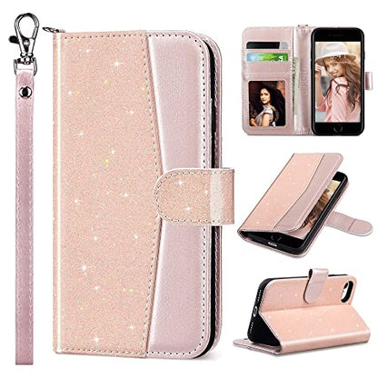 ULAK for iPhone SE (2022)/SE(2020)/8/7 Wallet Case Card Holder Pink Glitter | Premium PU Leather Flip Case with Kickstand Card Slots,RFID Blocking,Wrist Strap, Durable Shockproof Cover 4.7 Inch - color: Glitter