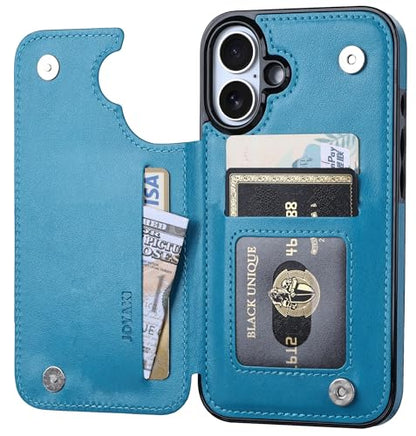 Wallet Case Compatible with iPhone 16 6.1”, Slim Protective Case with Card Holder,Premium PU Leather Kickstand Card Slots Case with Double Magnetic Clasp-Blue - color: Blue-F, size: iphone 16 6.1"