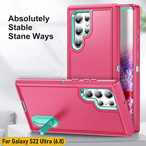 Case is Specially Designed for Galaxy S22 Ultra 6.8 Inch, Full Body Protection Heavy Duty Shock Absorbing 3 in 1 Silicone Rubber Built-in Stand with 1 Tempered Screen Protectors-Rose/Mint - color: Rose/Mint