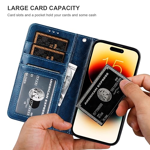 Bocasal Detachable Wallet Case Card Holder for iPhone 15, Blue | RFID Blocking Kickstand Card Slots Holder PU Leather Magnetic Shockproof Wrist Strap Removable Flip Protective Cover 6.1 inch - color: Blue